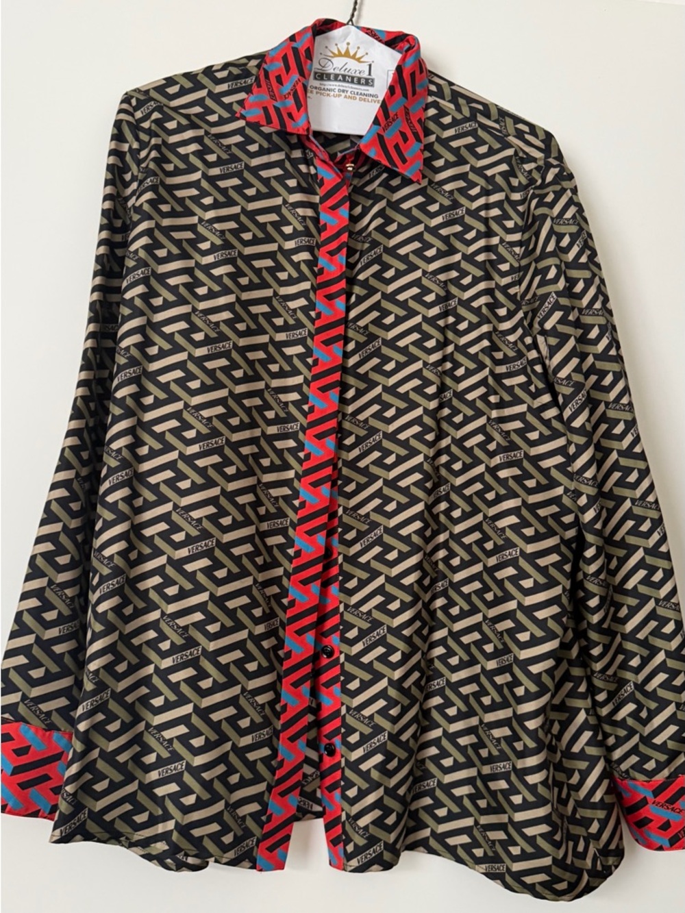 Versace La Greca Silk Shirt Contrast Trim Medusa NFC Black Red Size 44 Authentic